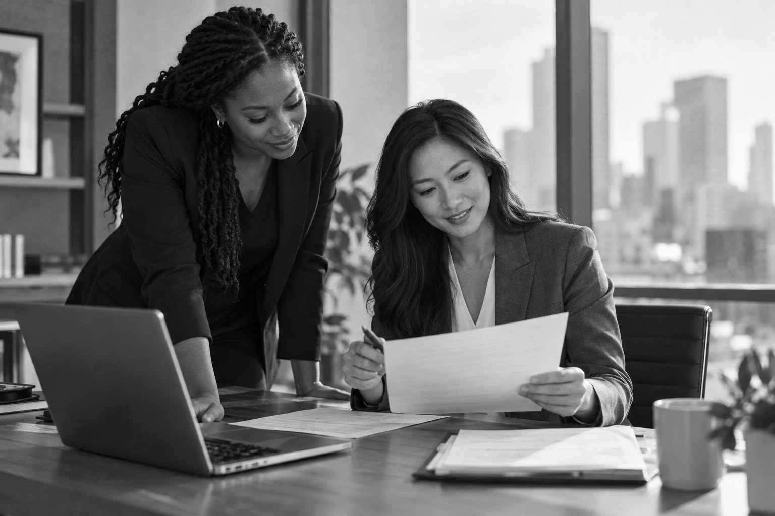 Two professionals reviewing documents together at a desk