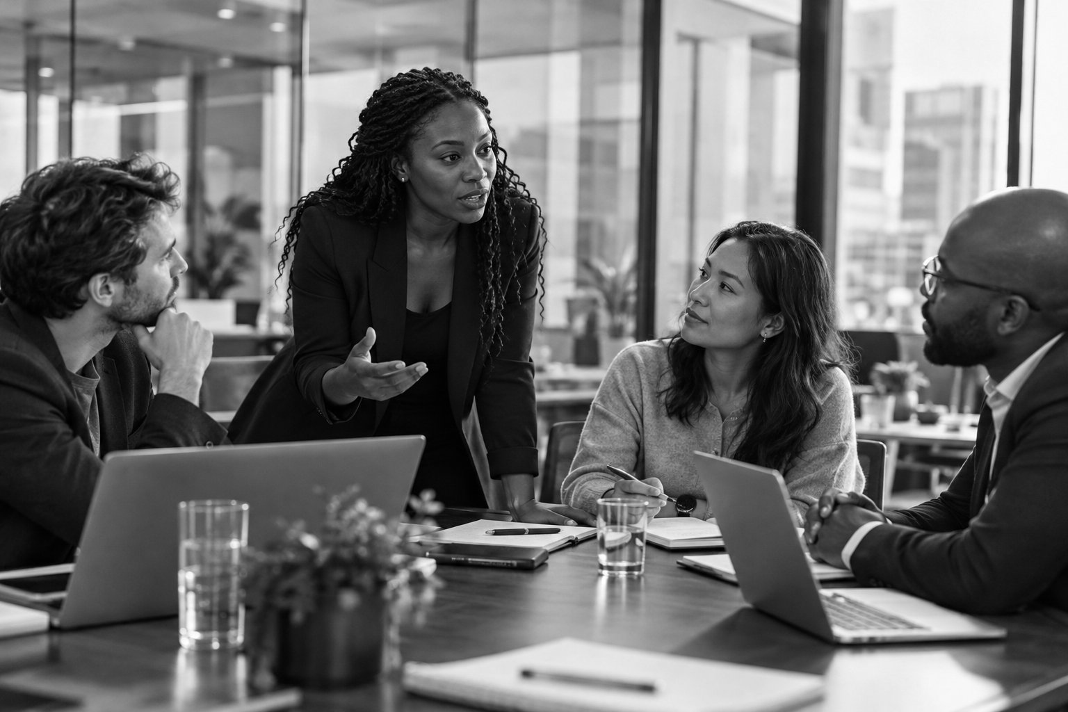 A team of colleagues discussing a matter around a conference table